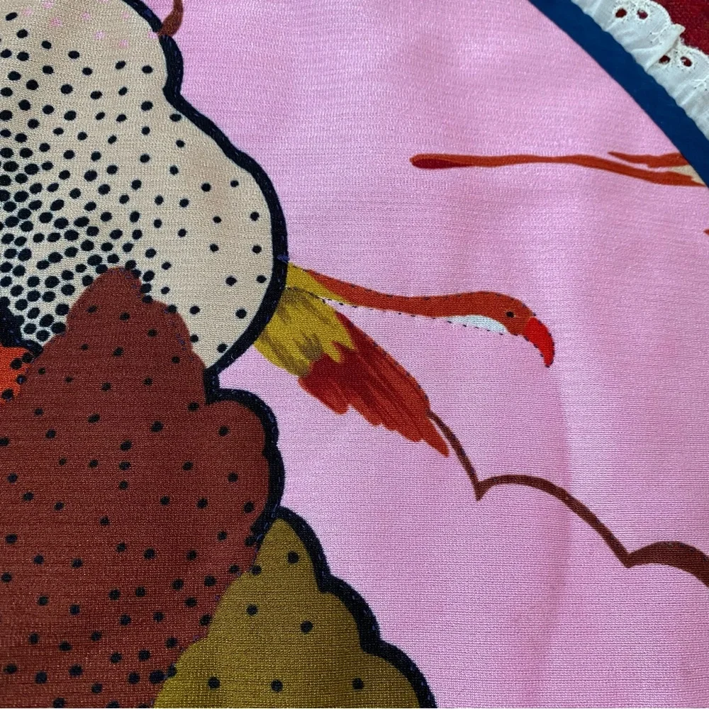Vtg MCM Handmade Quilt Bedspread Bright Cranes Birds Maroon Wool Floral 58”x82”